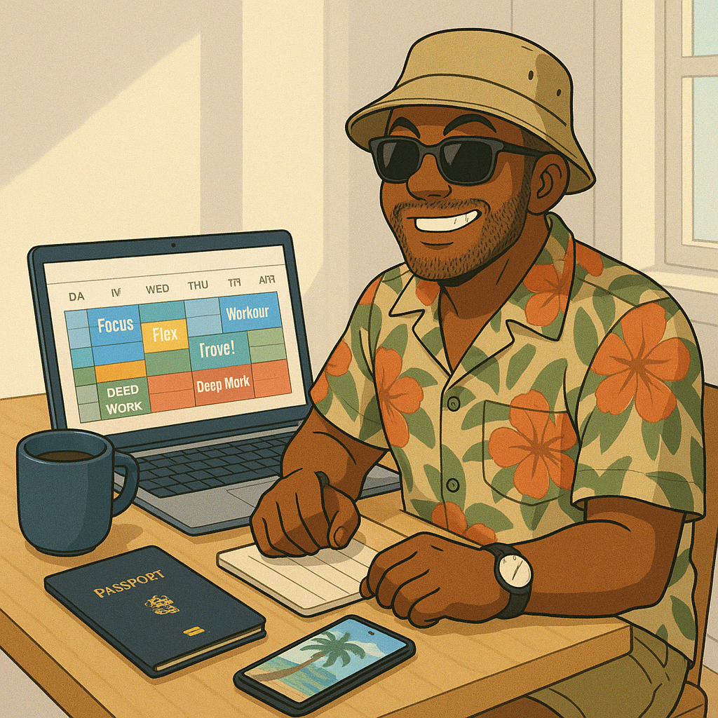 Remote worker planning a life‑first weekly schedule with calendar blocks