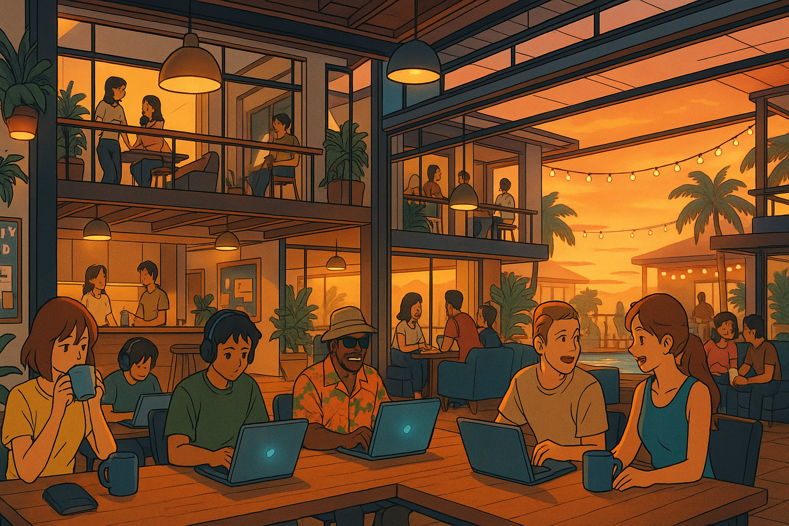 Modern social hub with coliving rooms, coworking lounges, and rooftop events