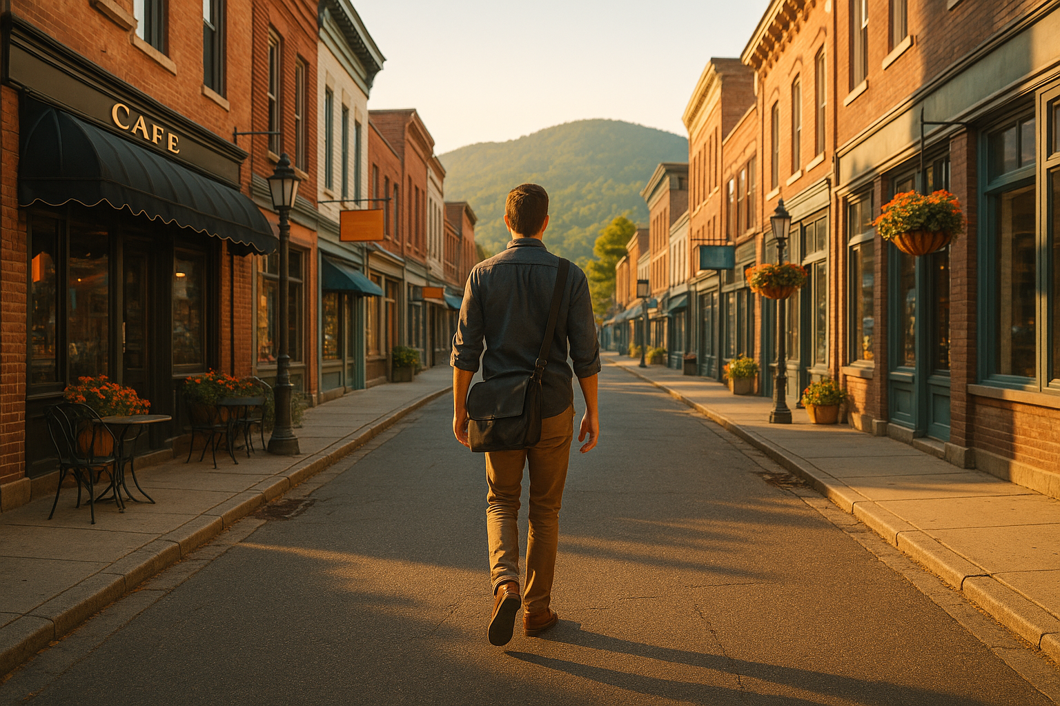 Small-Town advantage of remote work: main street scene with laptop bag and nature backdrop