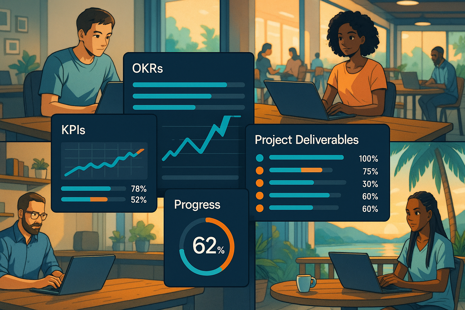 Outcome‑based performance dashboard with OKRs, KPIs, and deliverables tracked across a remote team
