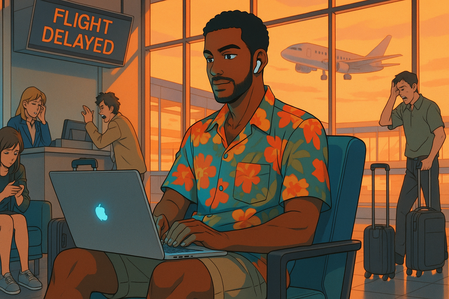 Travel days include checking flight status at a quiet gate; headphones on, calm playlist, carry‑on and water bottle nearby