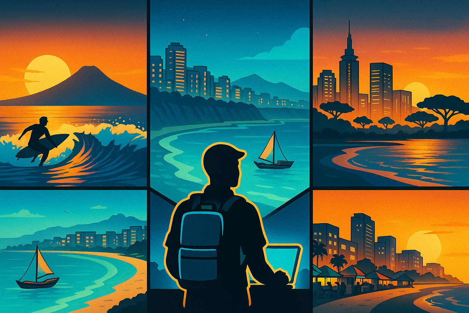 Collage of El Salvador, Peru, Mozambique, Kenya and Ghana as digital nomad hubs