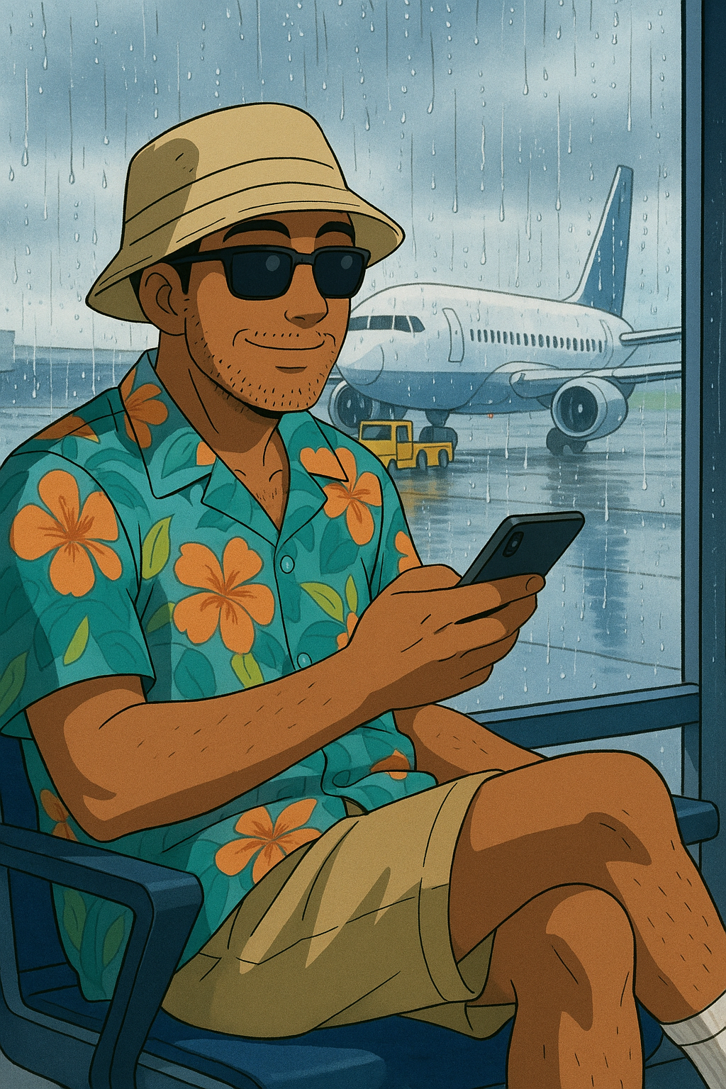 Archie at a gate calmly rebooking flights on his phone