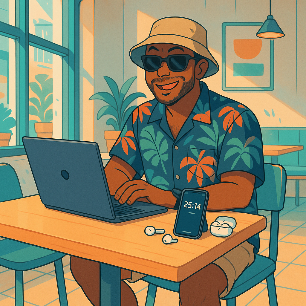 Digital nomad using AI tools at a café table—laptop, headphones, and phone with automation dashboard