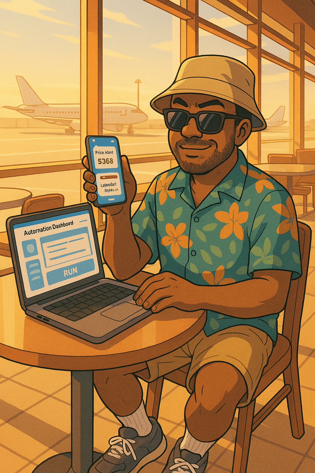 Archie at airport café using automation dashboard on laptop; phone with price alert and calendar sync