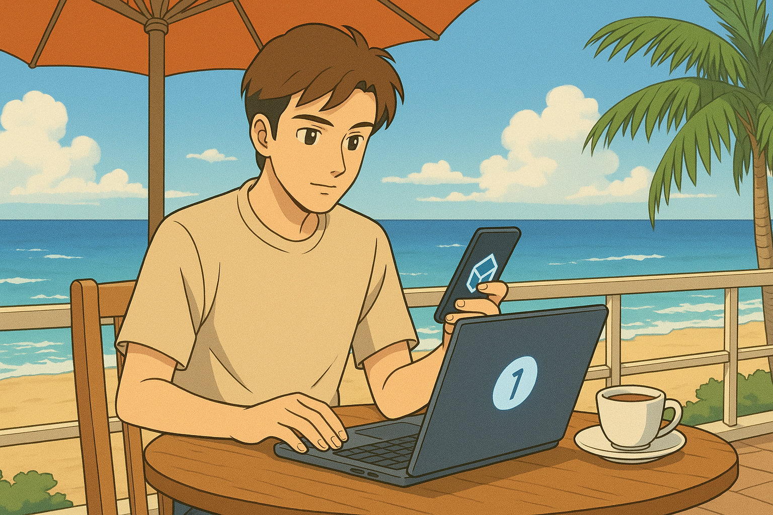 Digital nomad using AI tools in a café: laptop with dashboard