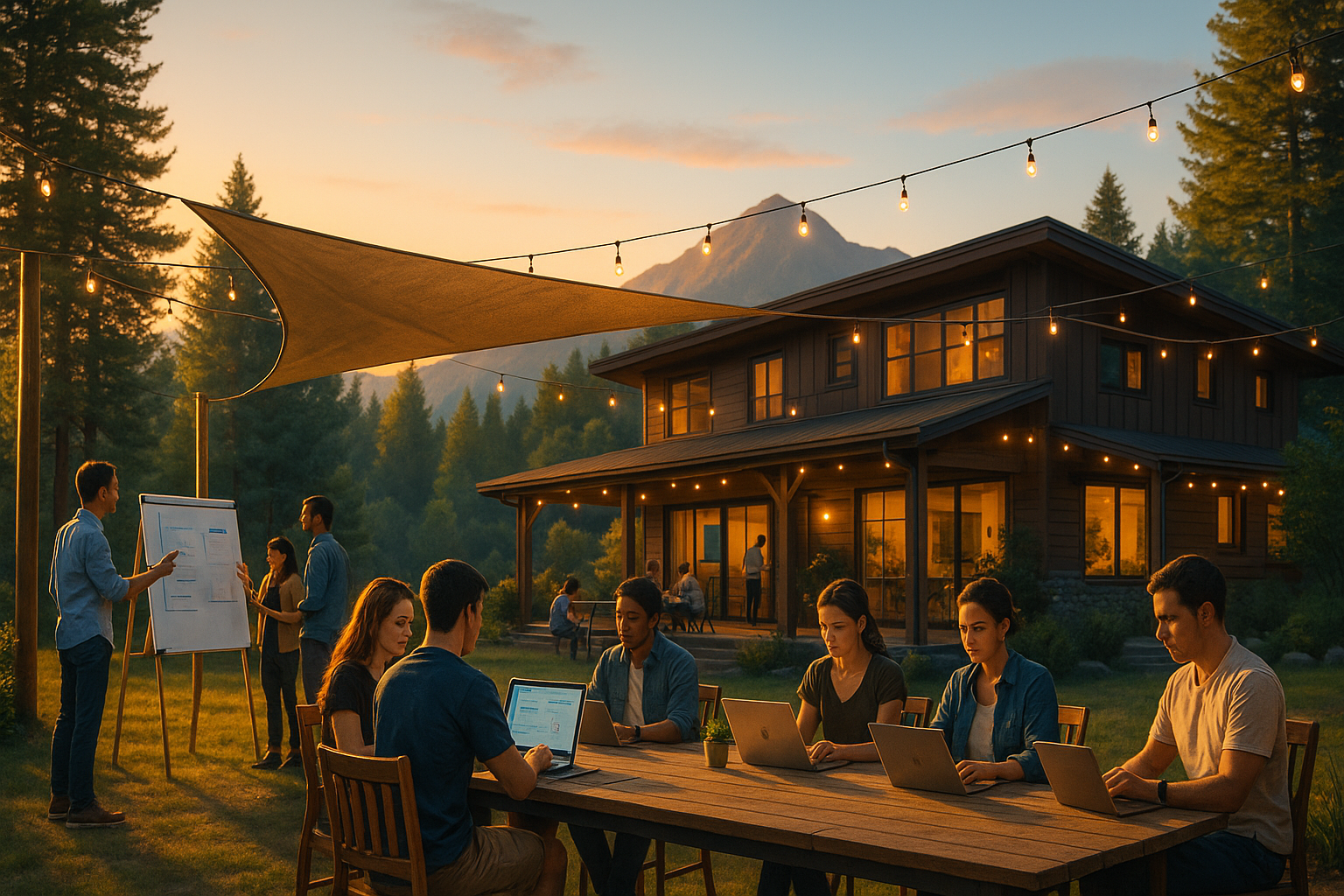 Remote retreat with coliving lodge, outdoor workshops, and evening team events under string lights