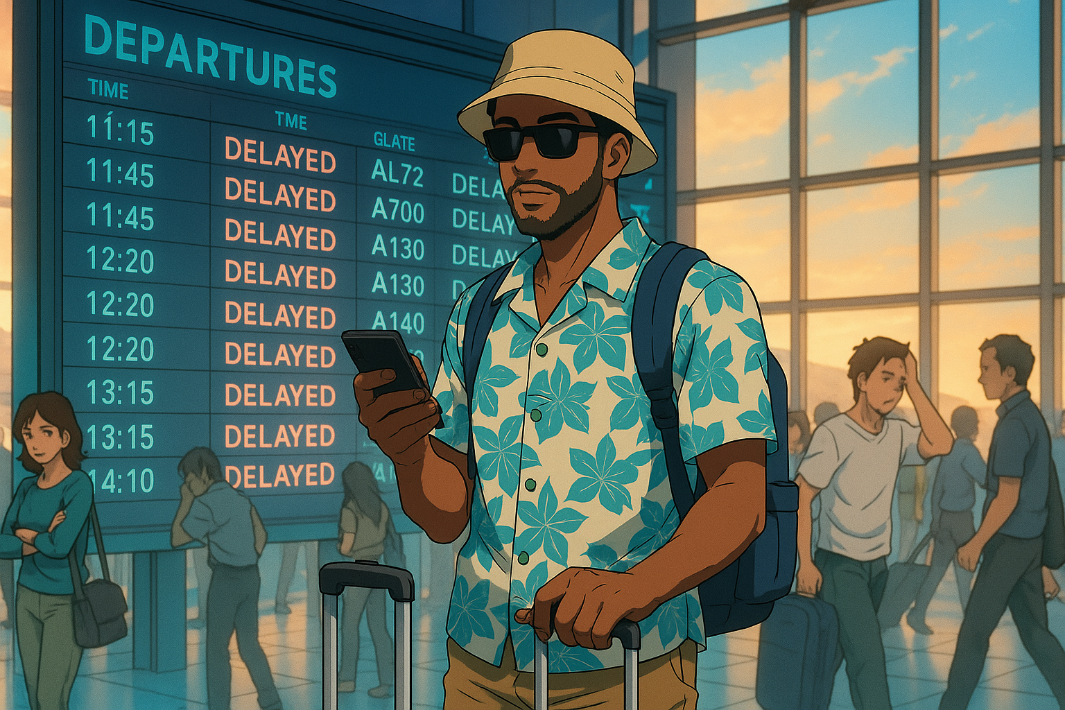 Traveler checking flight status during an airport delay