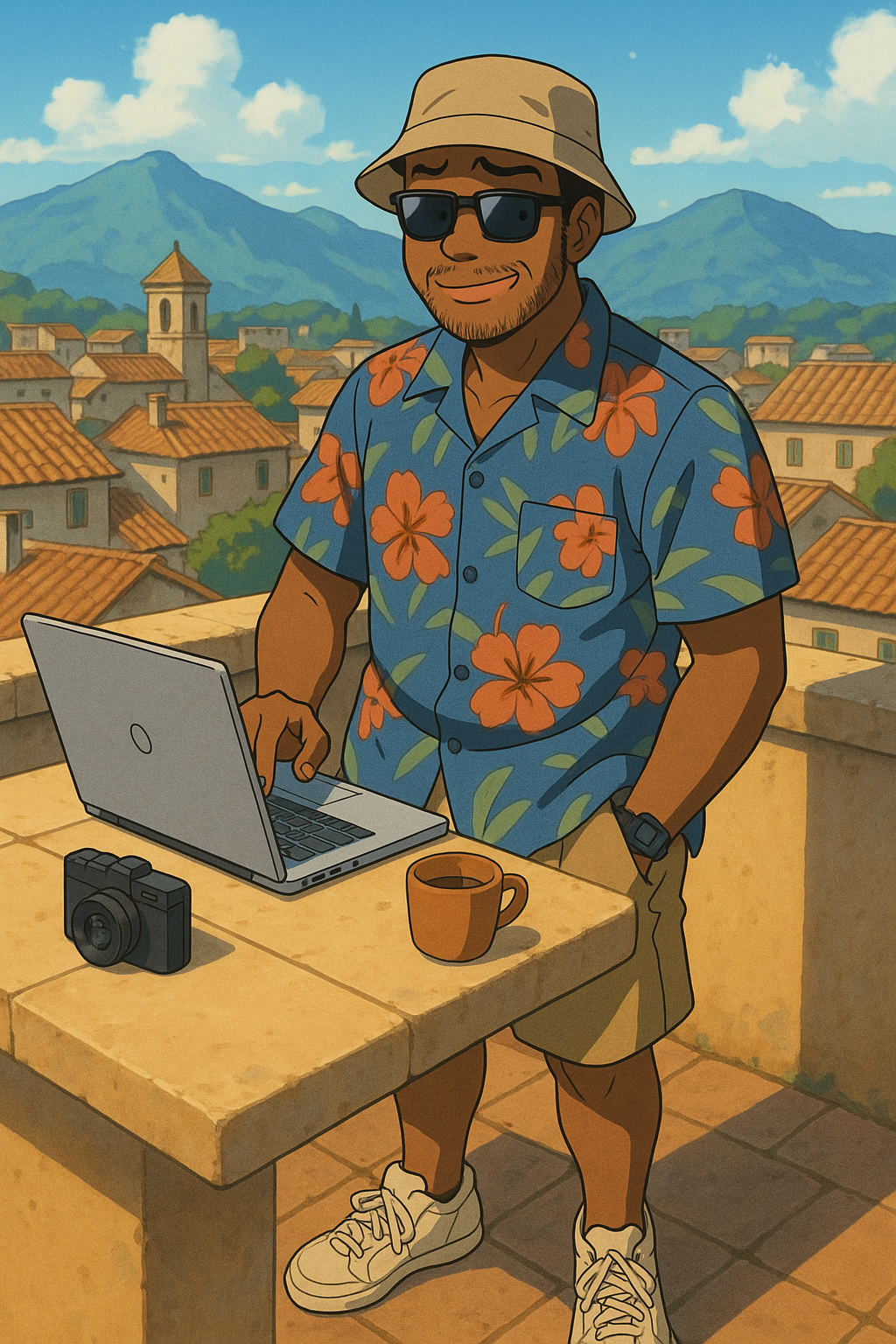 Remote worker on a sunny terrace with laptop and coffee, city and mountains in background