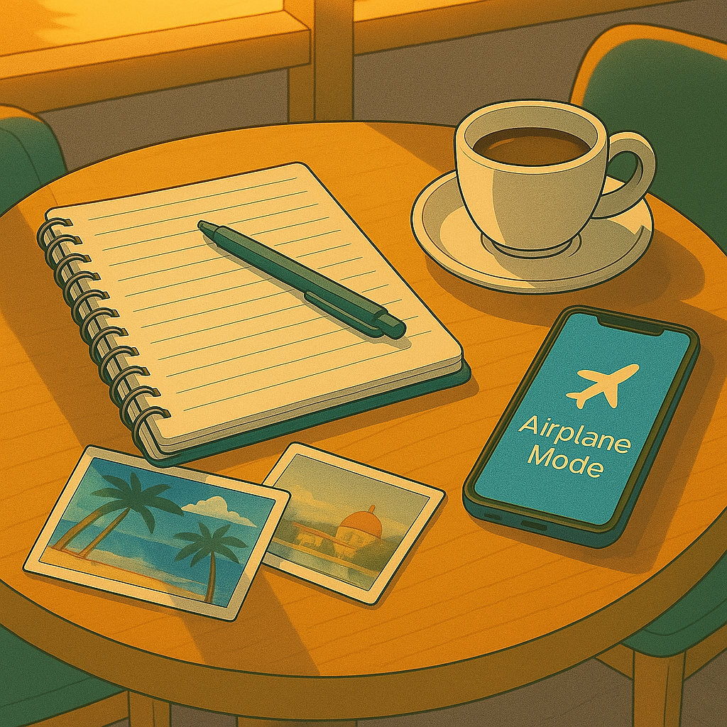 Hit the reset button with a calm morning light over a café table with notebook, postcards, and a phone switched to airplane mode