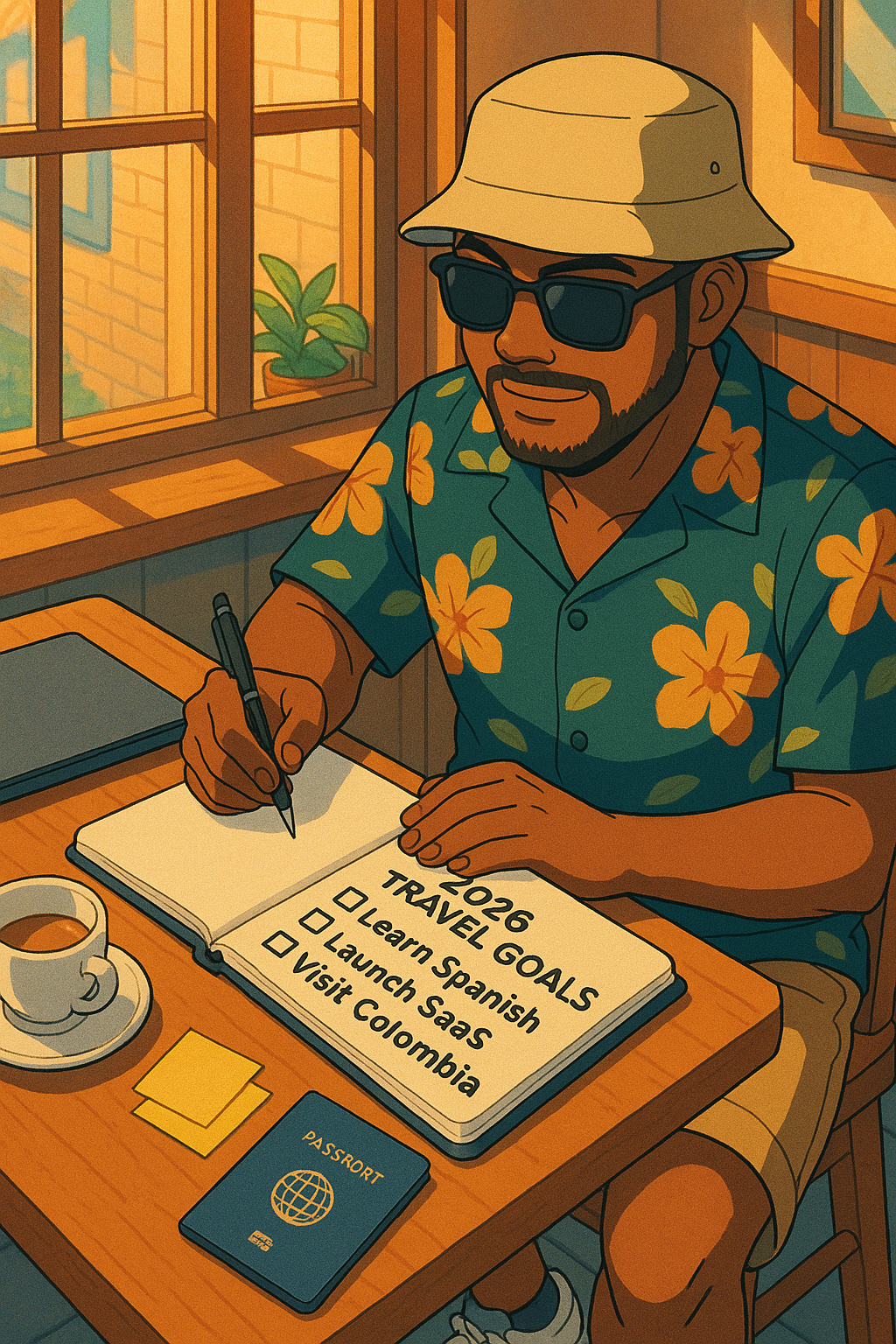 Traveler planning 2026 trips at a café: notebook, paper map, phone calendar, and laptop open to a calm itinerary