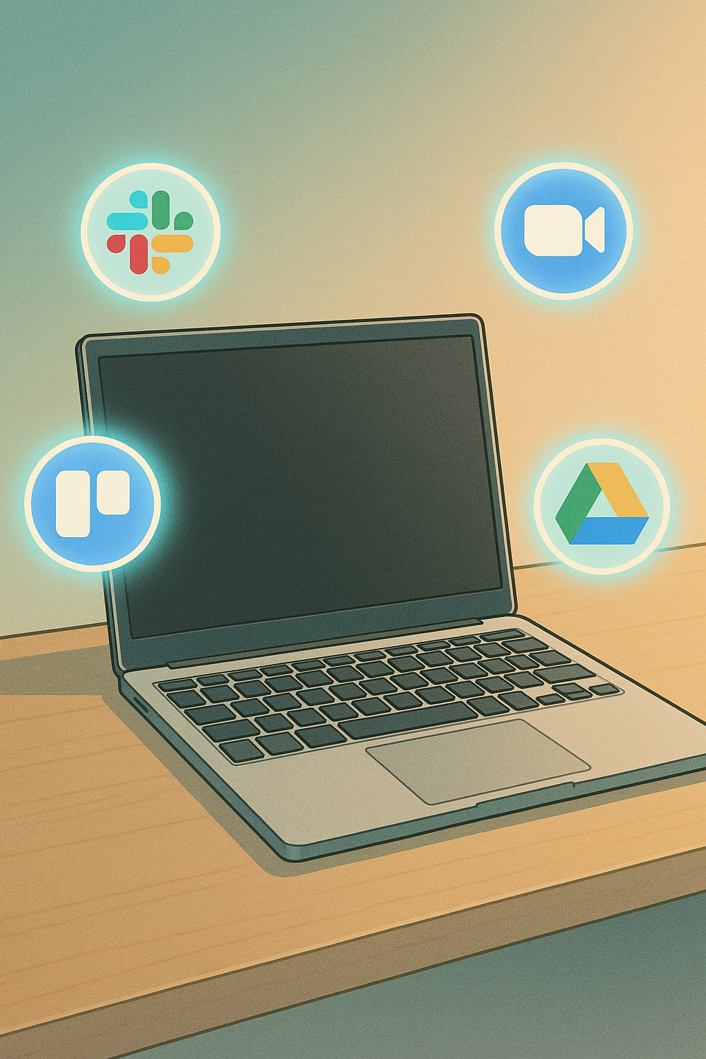 Laptop on a minimalist desk with icons of popular free remote tools hovering above the screen
