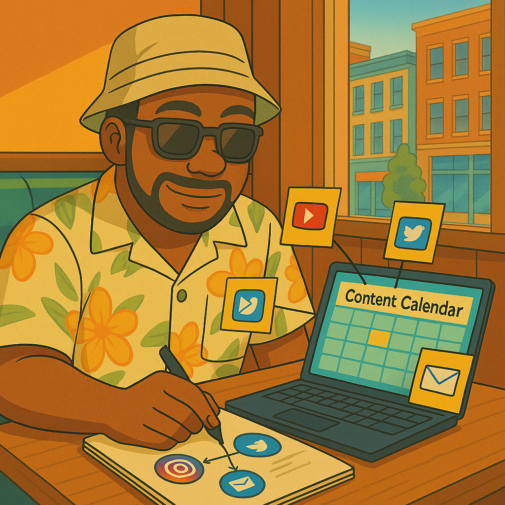 Archie at a café mapping content ideas from a laptop to multiple social media icons on a notepad.