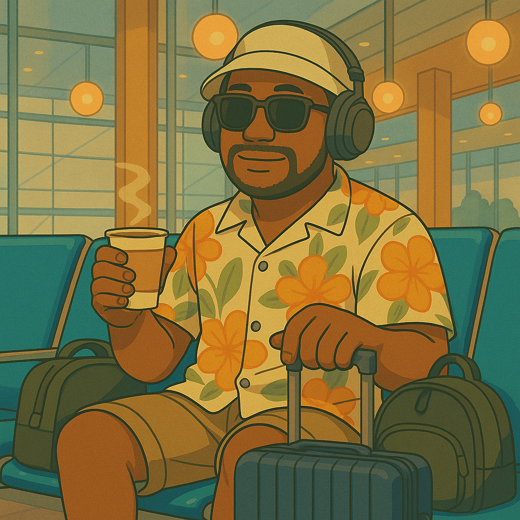 Archie enjoying his holiday travel while sitting calmly at an airport gate with headphones, tea, and a neatly packed carry-on, lights and decor in the background.