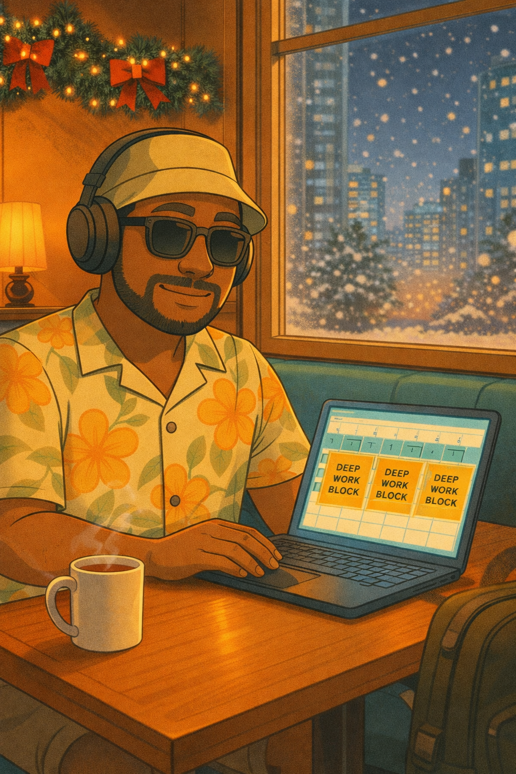 Archie working remotely in a cozy holiday setting with a laptop, planner, headphones, and a warm drink.
