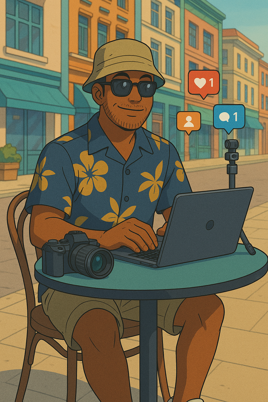 Digital nomad filming content and working on a laptop in a bright café, with travel gear nearby.