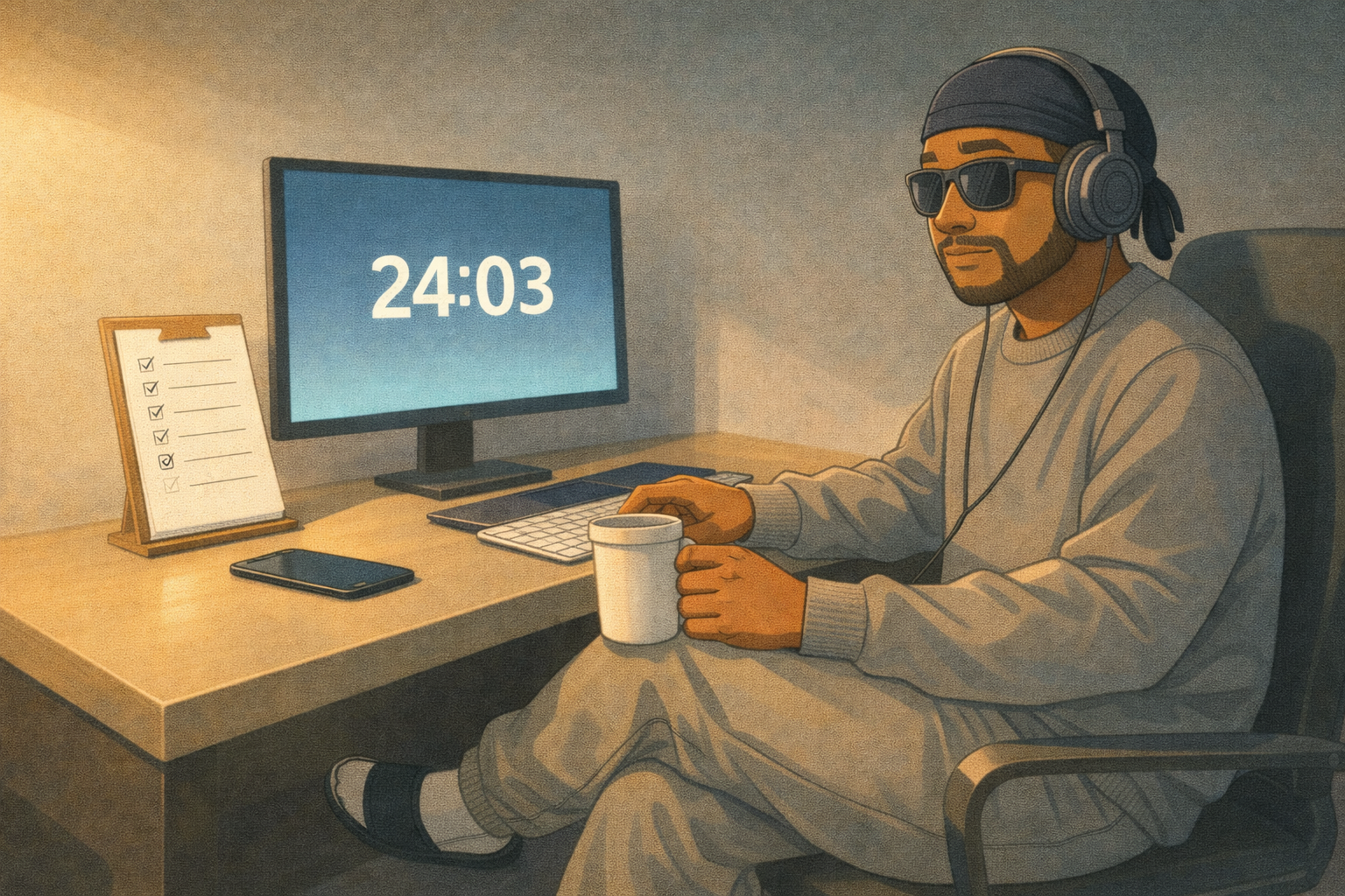 Realistic goal setting with a laptop and planner, calm morning light, subtle cyan and orange accents.