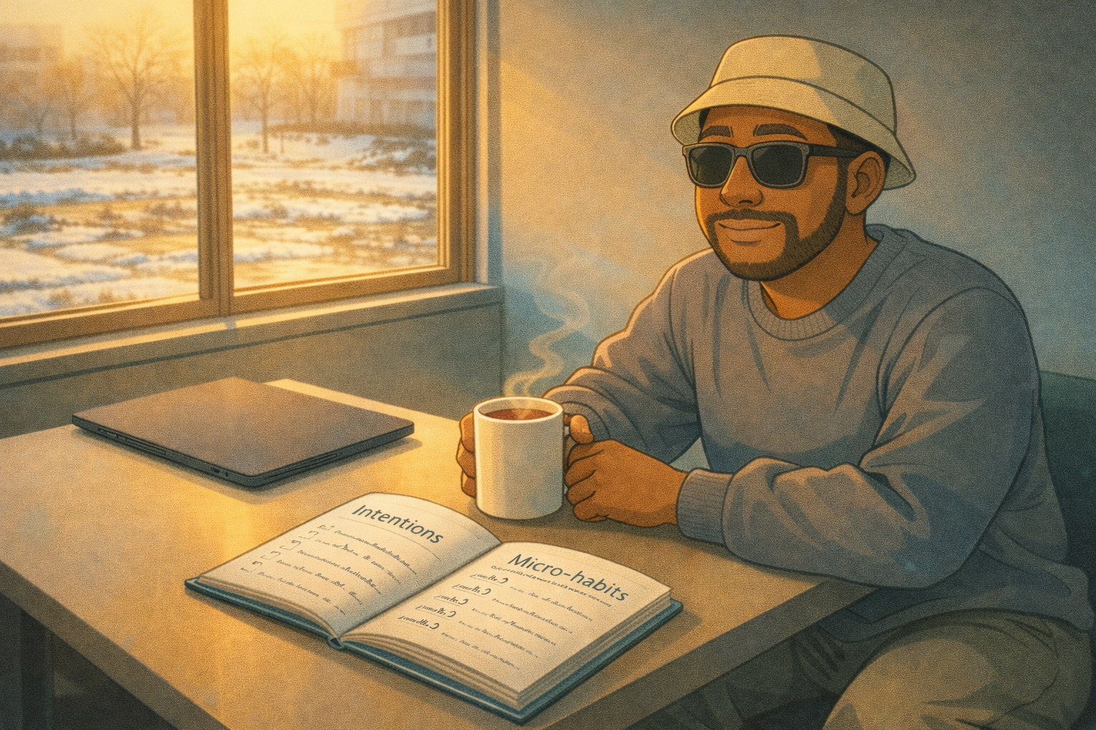 Building better New Year habits with a planner, laptop, warm drink, and a calm light through a window, soft cyan and orange accents.