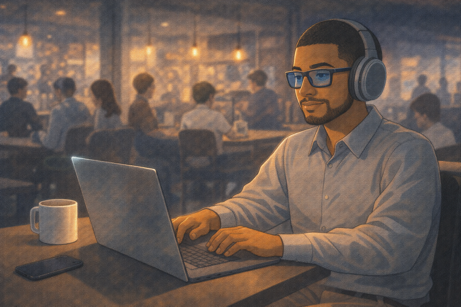 Archie maintaining focus in a busy cafe wearing noise-cancelling headphones.
