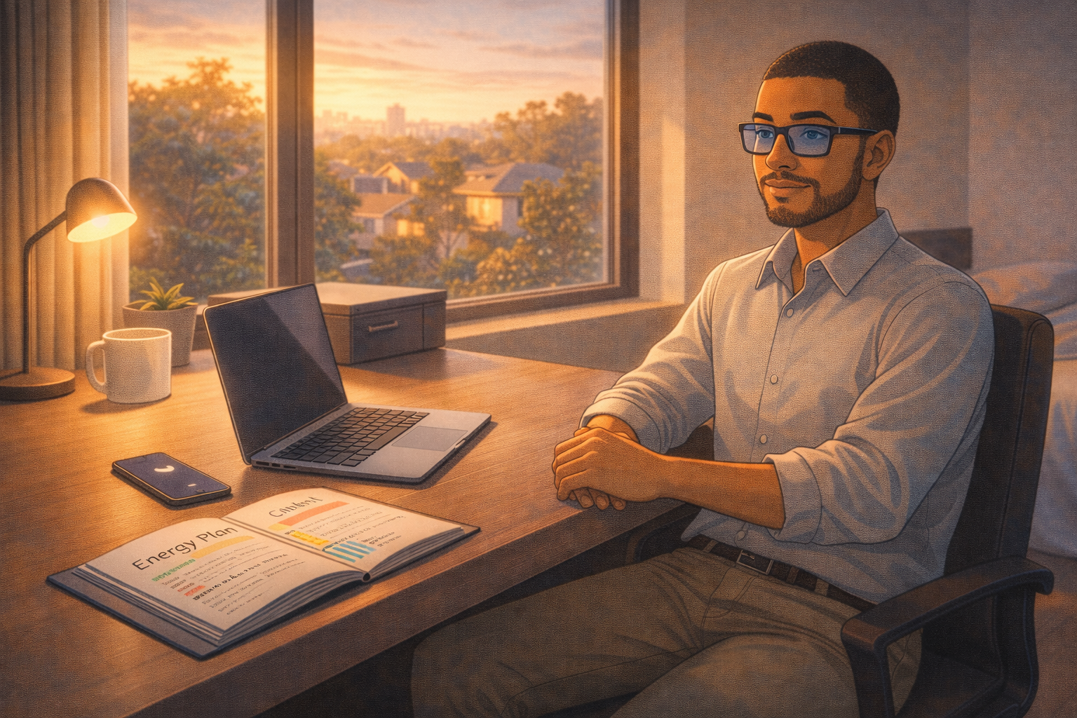 Archie calmly planning their day with a focus on mental energy management.