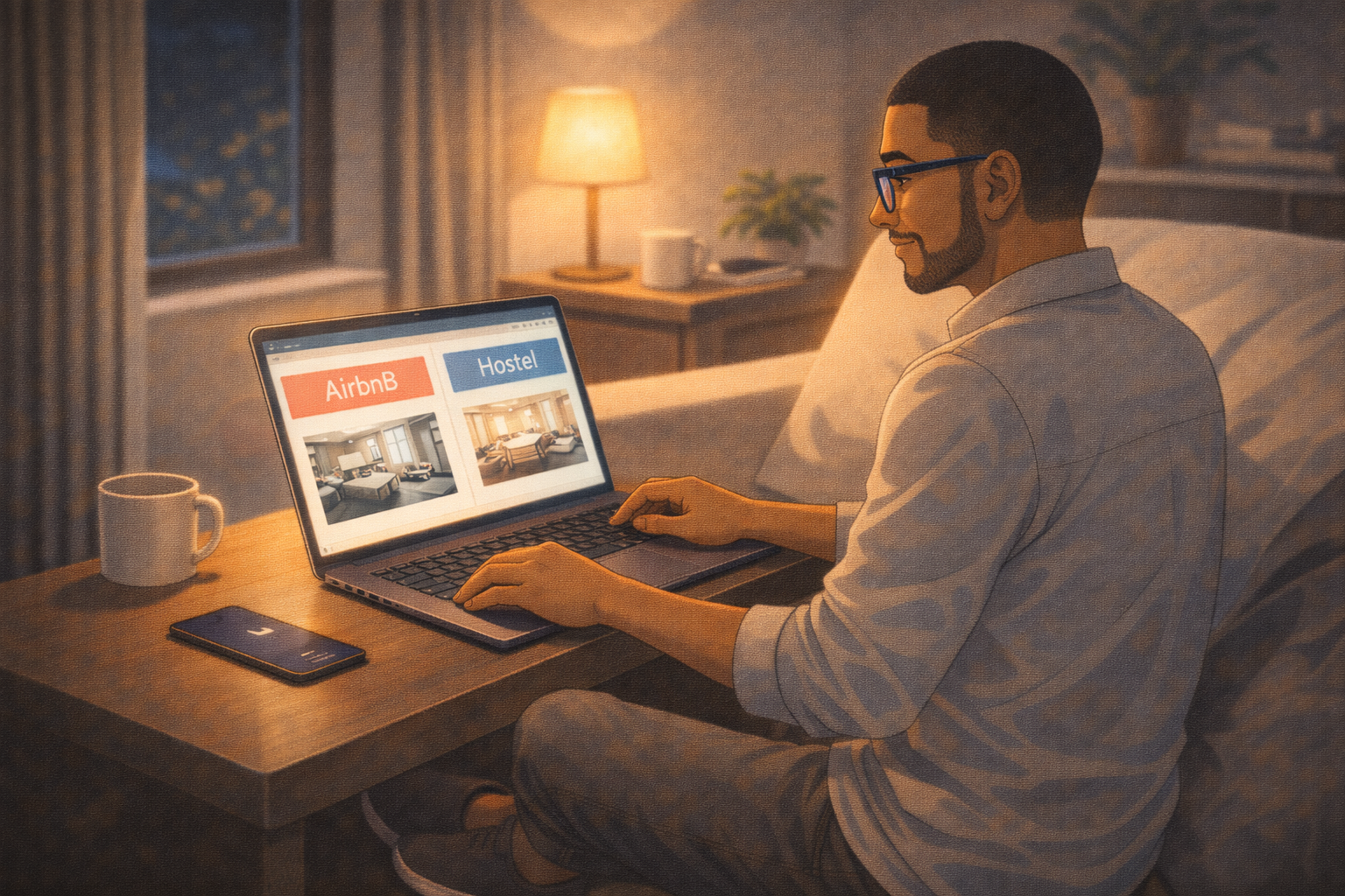 Archie comparing lodging options on a laptop, cozy setup, cyan and orange accents, calm planning vibe.