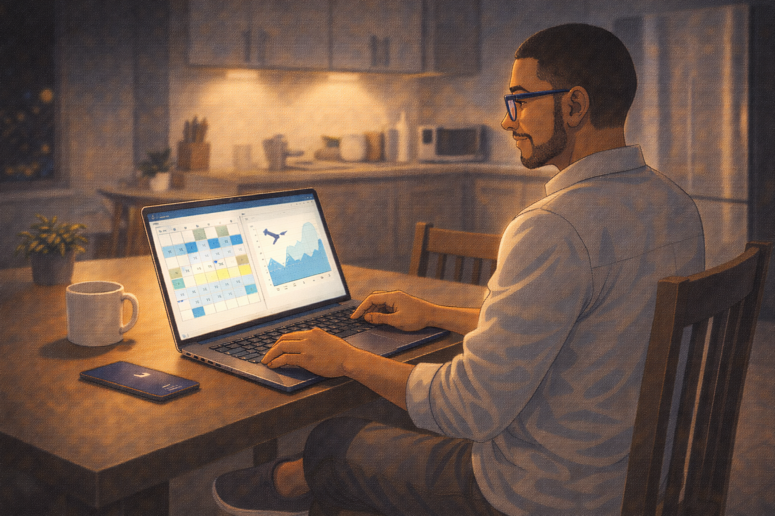 Archie analyzing a booking calendar and price graph for stress-free travel timing.